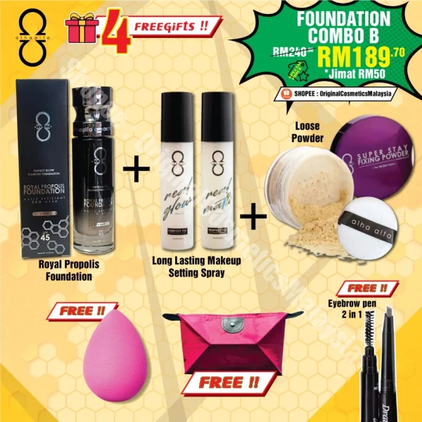 🎁3 FREEGIFT‼️ALHA ALFA SET PROMO JIMAT (DPT 6 BRG DLM 1 SET‼️) ALHA ALFA Royal Propolis Foundation Spray Loose