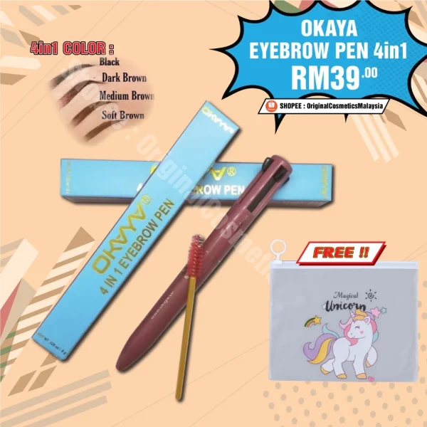 🎁OKAYA EYEBROW PEN 4IN1 WATERPROOF SUPER CANTIK PIGMENTED EYEBROW Mua Bellaz Eyeliner Eyebrow Spray