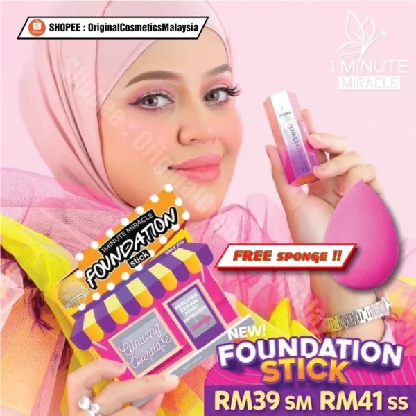 🎁FREE SPONGE‼️ 1MM 1 MINUTE MIRACLE FOUNDATION STICK GLOW Foundation Fav Mua Bellaz 1mm 1 Minute Miracle Merdeka