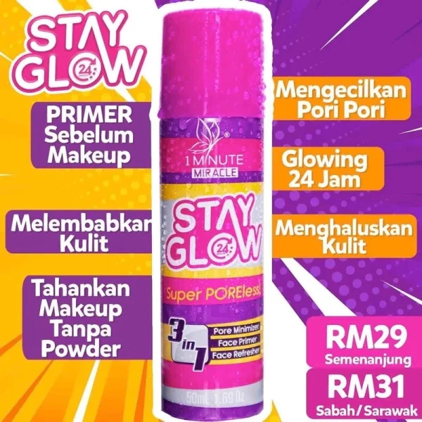 🎁 1 MINUTE MIRACLE 1MM SPRAY STAY GLOW Muka Nampak Berseri & Glowing Mengecilkan Pori Fav Mua Bellaz 1MM Merdeka Promo