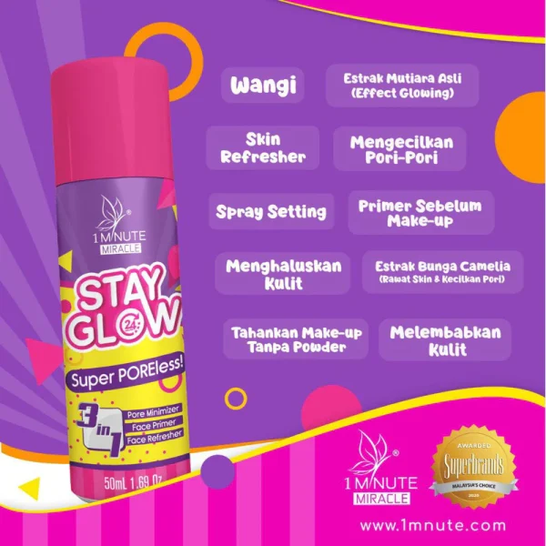 🎁 1 MINUTE MIRACLE 1MM SPRAY STAY GLOW Muka Nampak Berseri & Glowing Mengecilkan Pori Fav Mua Bellaz 1MM Merdeka Promo - Image 2