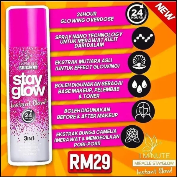 🎁 1 MINUTE MIRACLE 1MM SPRAY STAY GLOW Muka Nampak Berseri & Glowing Mengecilkan Pori Fav Mua Bellaz 1MM Merdeka Promo - Image 5